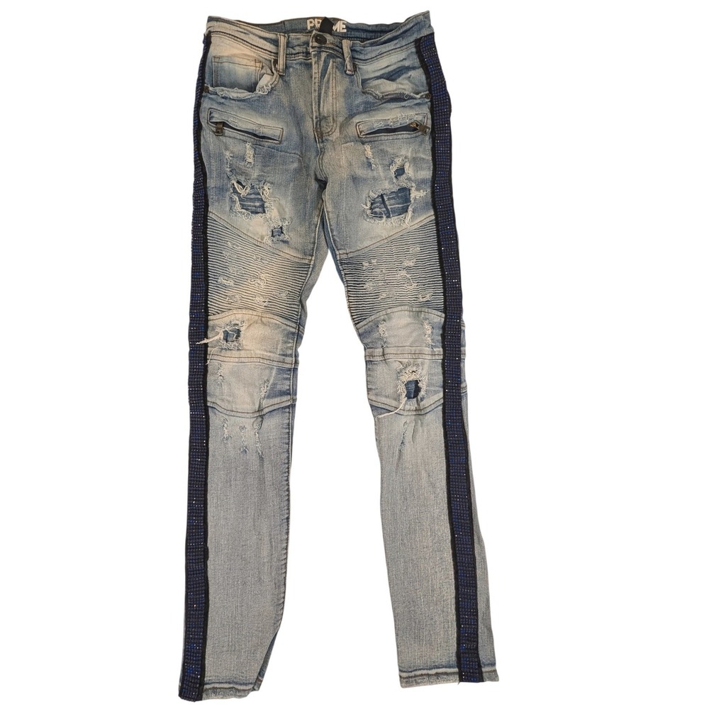 Preme Mens Distressed Moto Jeans Blue Rhinestone Stripe Slim Fit 30x32 Light